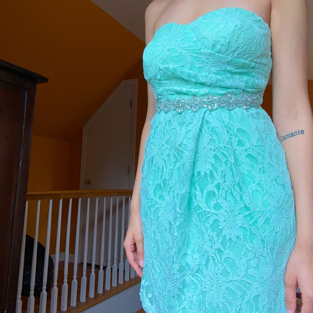 Strapless Mint Lace Mini Dress